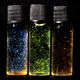 “The photograph shows three vials containing an ensemble of photonic CNC particles dispersed in three different solvents: water, water: ethanol and ethanol. The particles are the same in the three vials, the colour difference between the three vials results from the ability of water to swell the structure of the particles. Higher water content means greater swelling of the cholesteric structures and a redshift of the colour of the particles.”